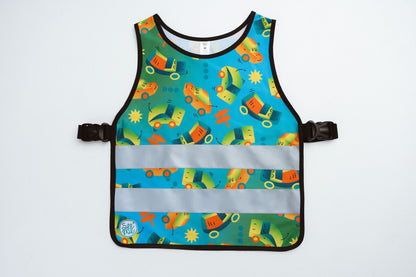 colourful reflective vest with cars. Blue and green safety vest