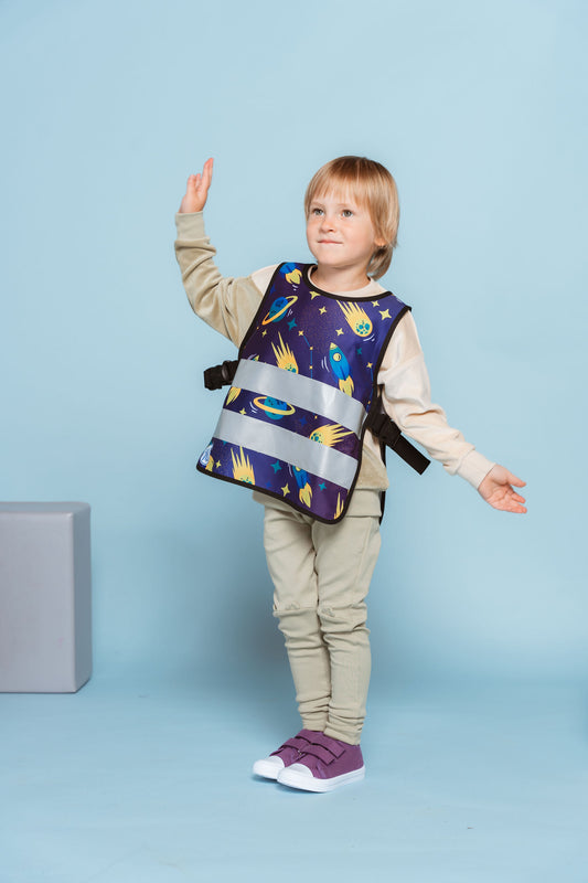 Children's reflective vest with space pattern. Custom reflective vest for kids.  